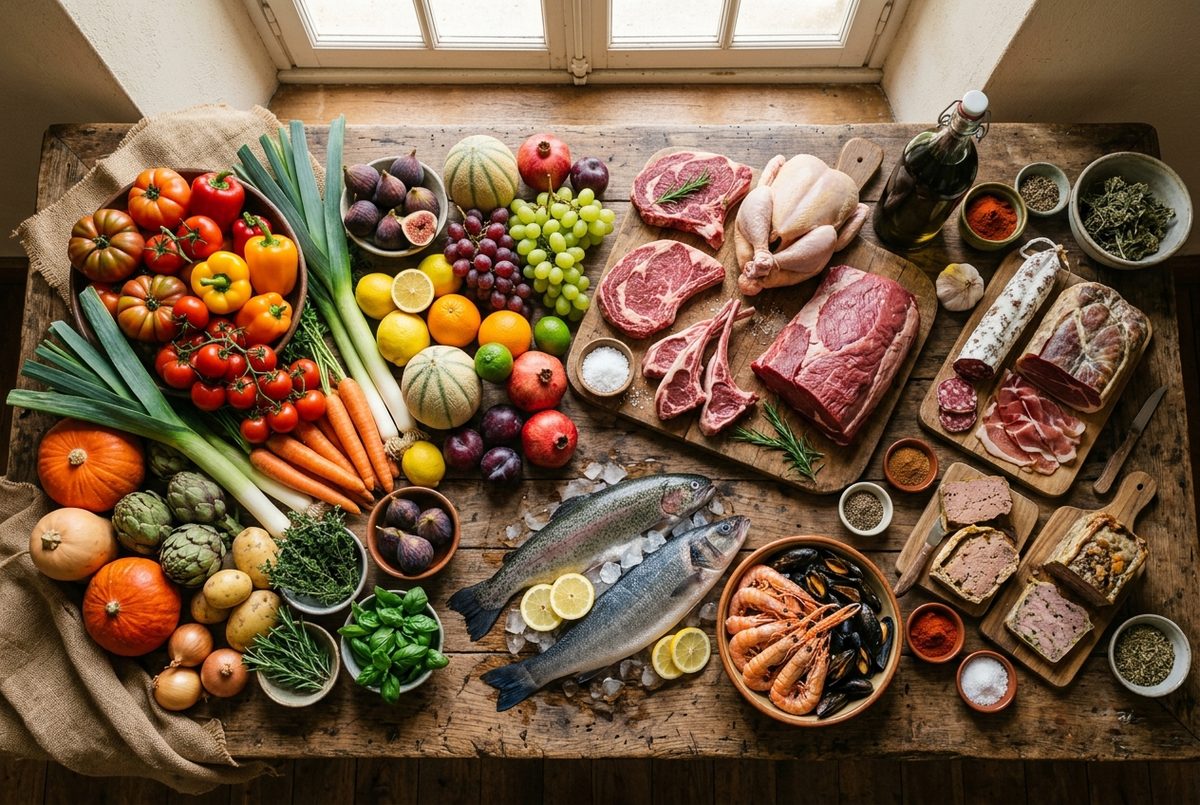 Grande table en vieux bois garnie d'aliments frais