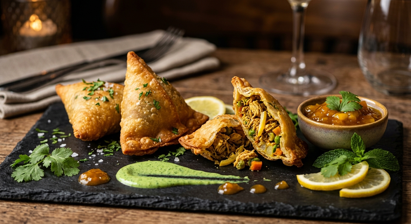 Double-cliquez pour agrandir Samoussas de Poulet, Citron Confit, Légumes & Chutney