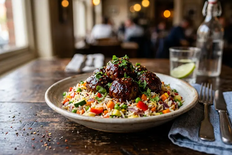 Boulettes d'Agneau, Sauce Barbecue, Riz Légumes