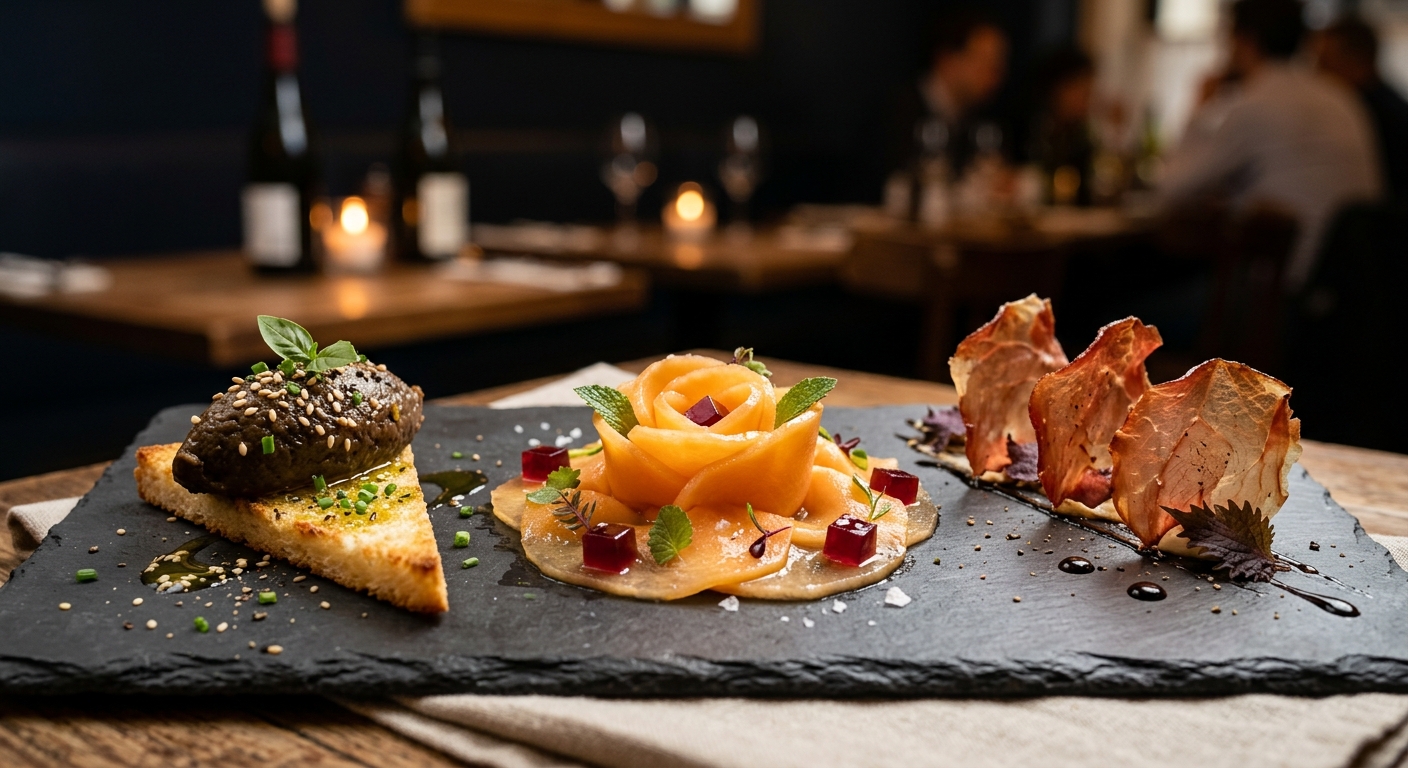 Double-cliquez pour agrandir Caviar d'Aubergine, Carpaccio de Melon & Chips de Viande