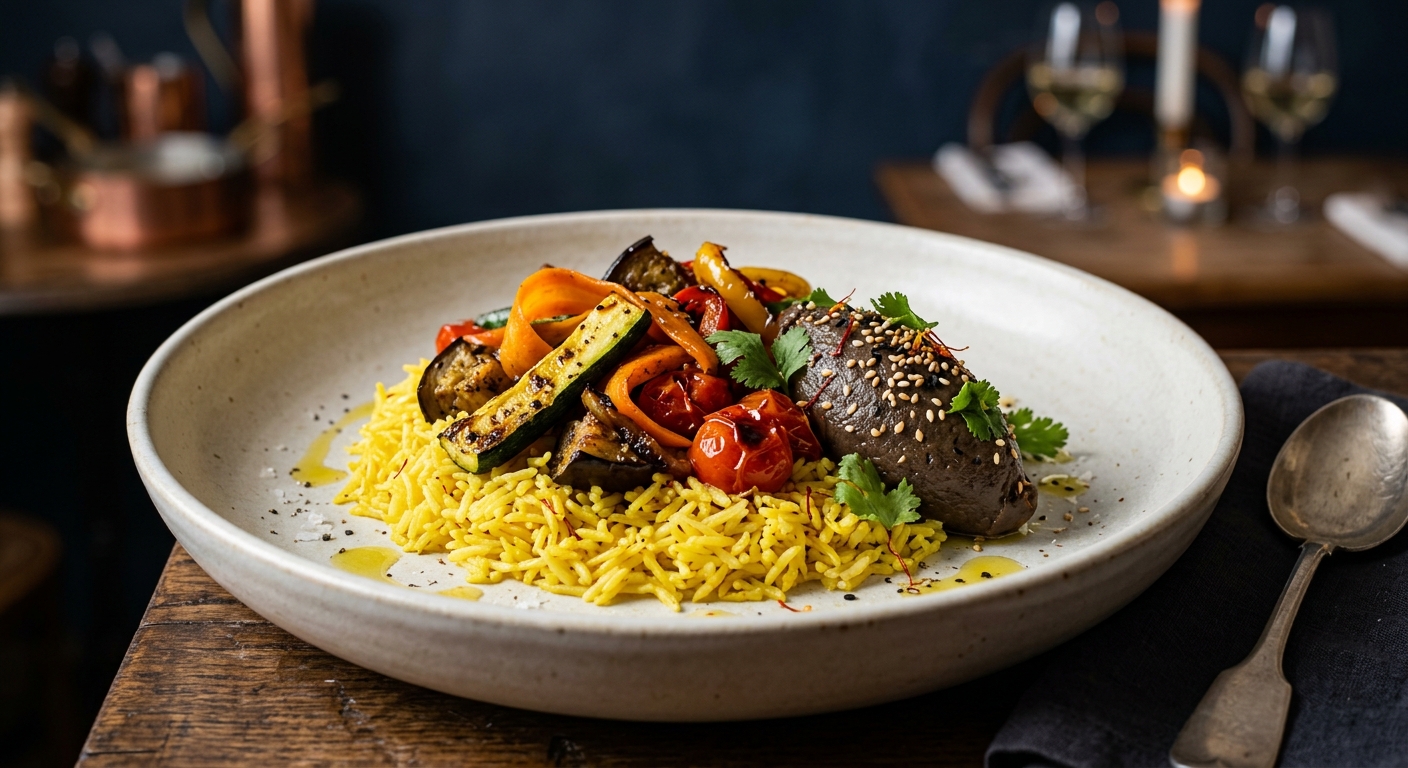 Double-cliquez pour agrandir Poêlée de Légumes Braisés, Riz Safrané & Caviar d'Aubergine